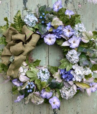 Blue Hydrangea and Petunia & Sea Green Viburnum 22" Wreath