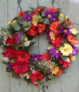 Bright Colored Poppies, Daisies and Cosmos 20" Wreath