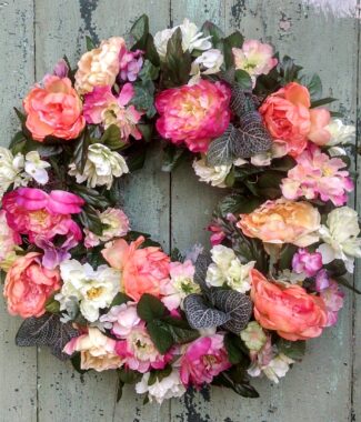 Summer Sunset of Peonies, Antique Roses, Hydrangea & Begonias 20" Wreath